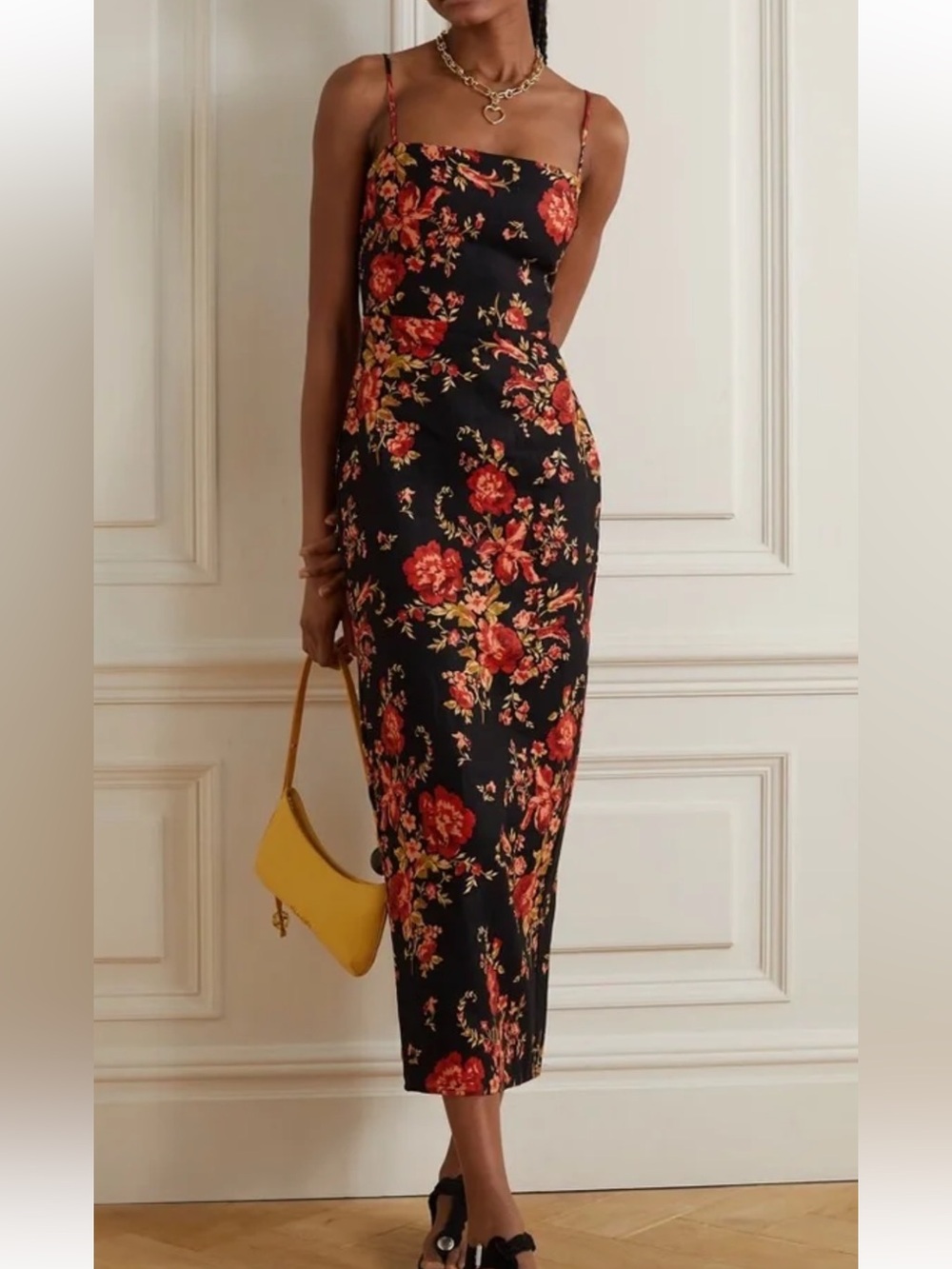 Reformation Black Midi Dress with Red Floral Print